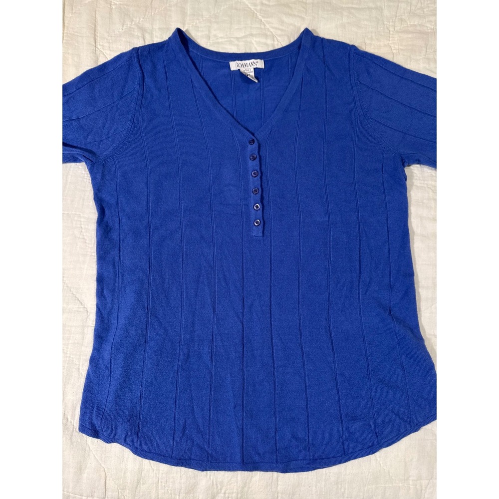 Roamans Blue Ribbed Henley Knit Top Size M Long Sleeve Button Neck